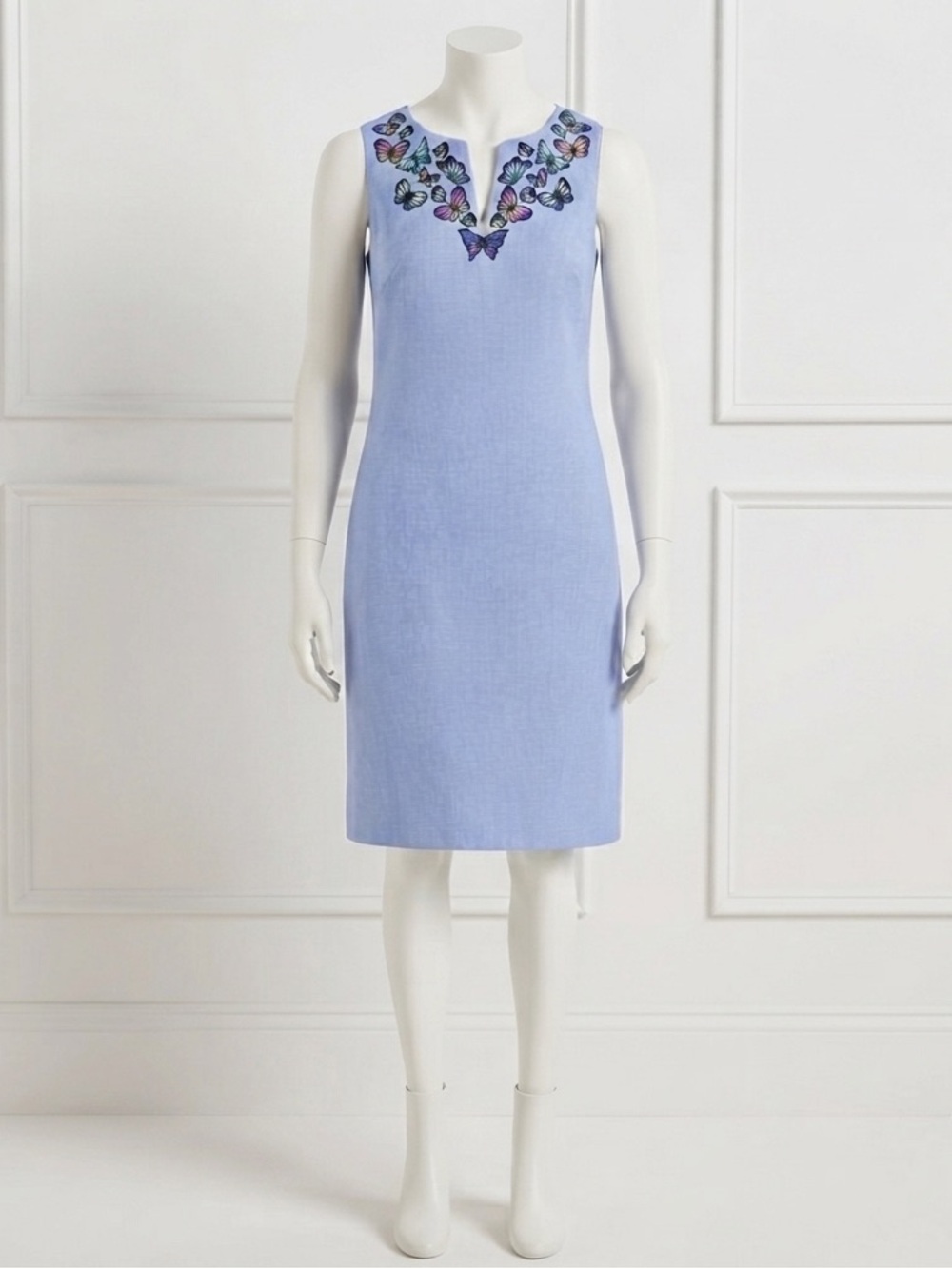 Talbots Shift Dress Blue Butterfly Embroidered Sleeveless Linen Blend